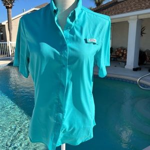 Columbia Performance Fishing Gear Shirt Short Sleeve Teal Medium